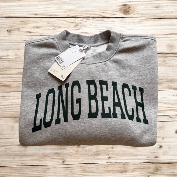 NEW H&M Sweatshirt with Printed Motif Long Beach Grey & Green Size Medium - Picture 8 of 11